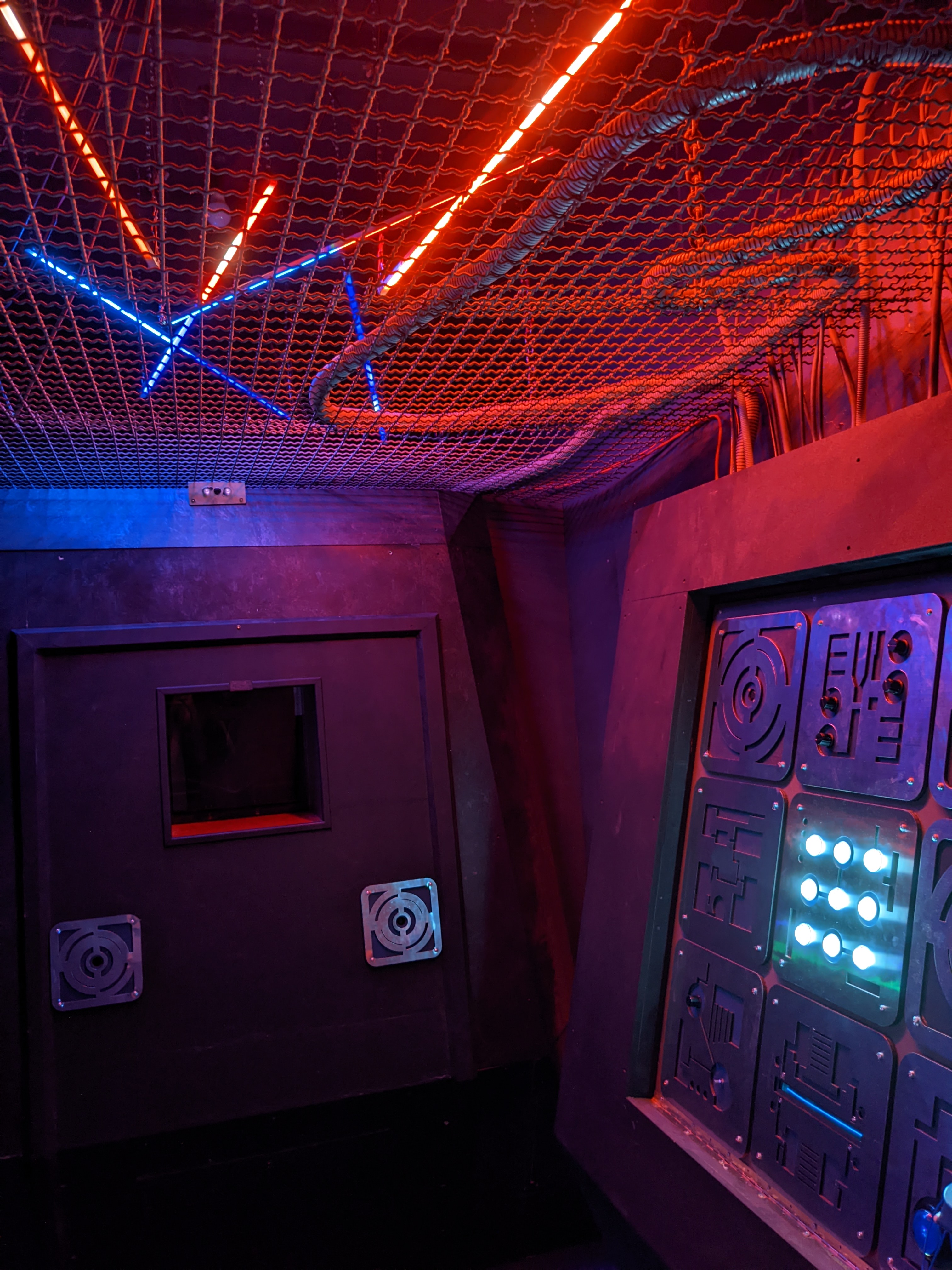Lighting atmosphere of a room, technical netting and puzzle wall