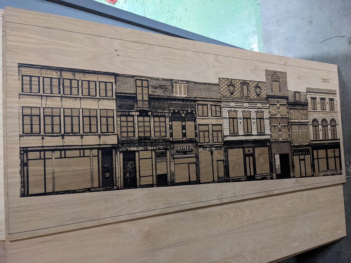 Printed wood panel, facades mid-printing