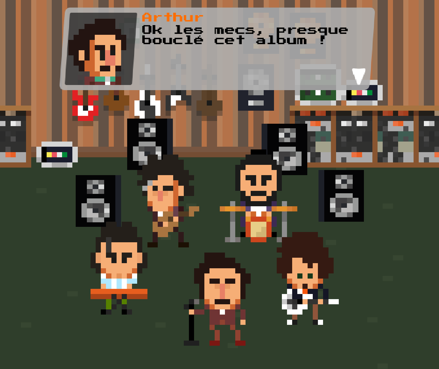 Game intro sequence, pixel art dialogue