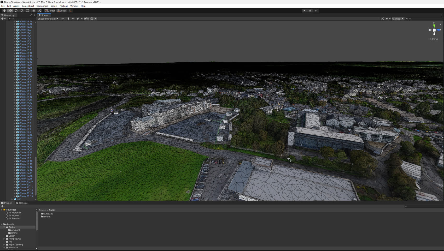 Unity scene in wireframe showing the decimated mesh and chunk splitting