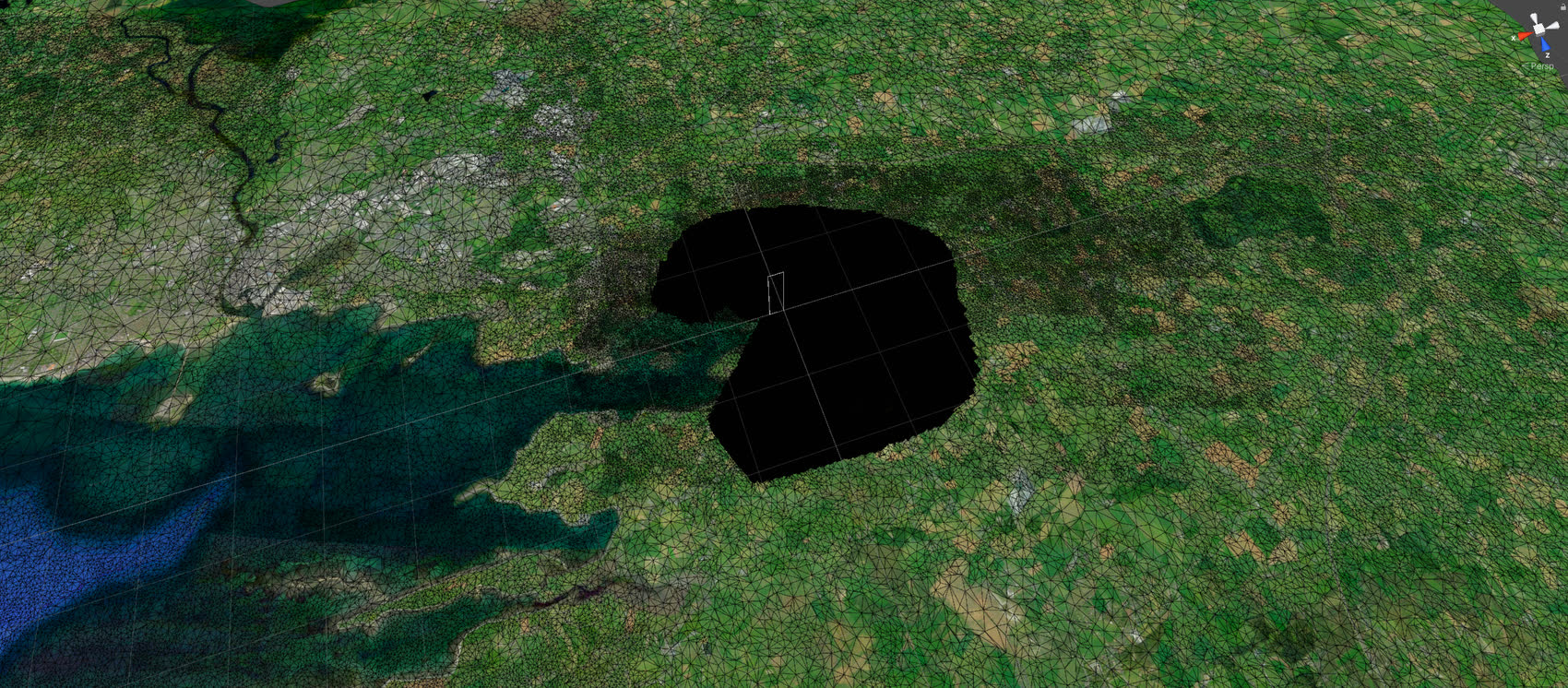 Low resolution topographic mesh with the cutout reserved for the photogrammetry zone