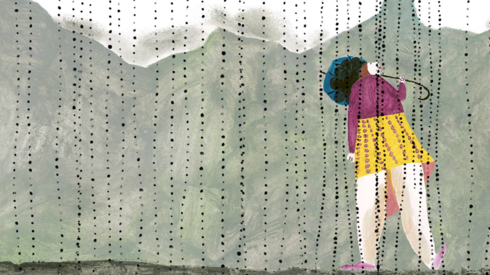 Rain scene: curtains of drops and a figure under an umbrella