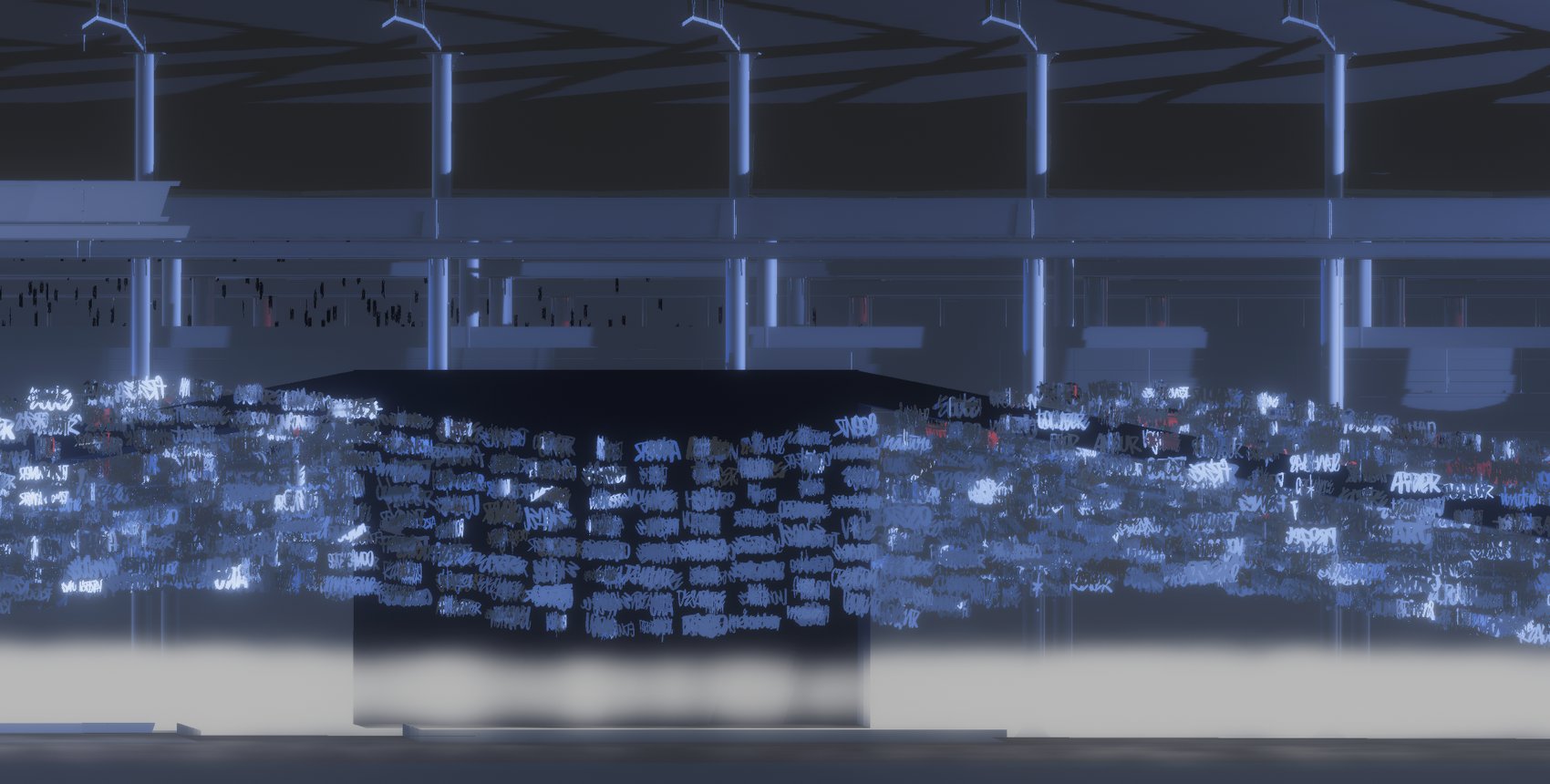 The sheet of words spanning the hall in cold light, with the dark volume of the route at its centre.