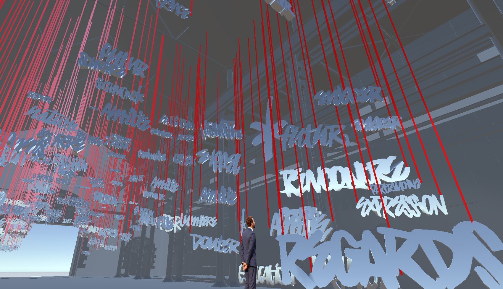 At visitor height, beneath the installation: the suspended words and their rigging lines, shown here in red.