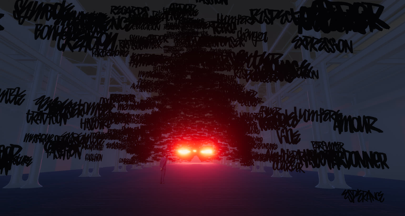 View of the hall filled with suspended words, atmosphere study