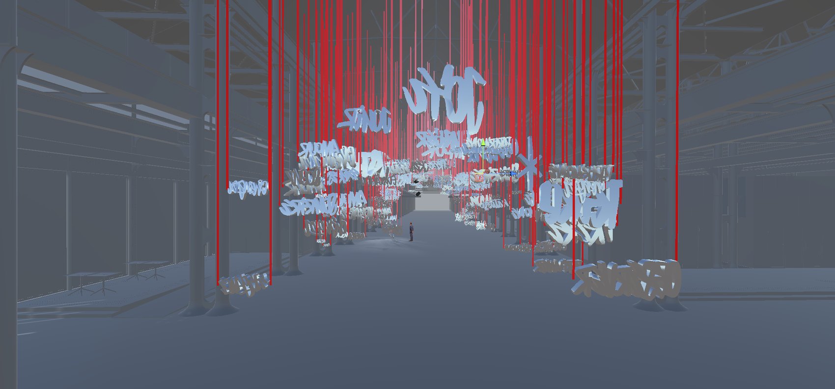 Layout study, suspended words and rigging lines in red